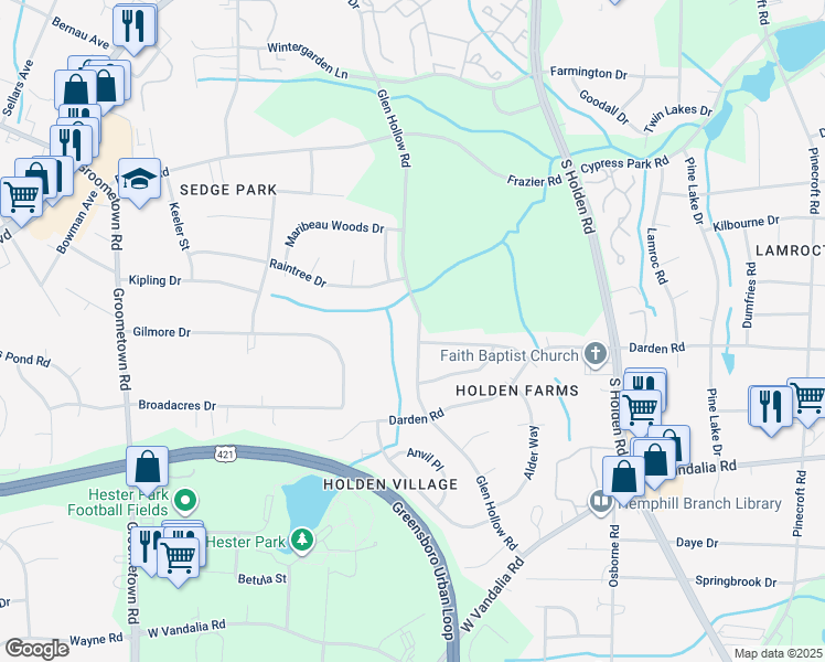 map of restaurants, bars, coffee shops, grocery stores, and more near 3318 Morning Dew Road in Greensboro