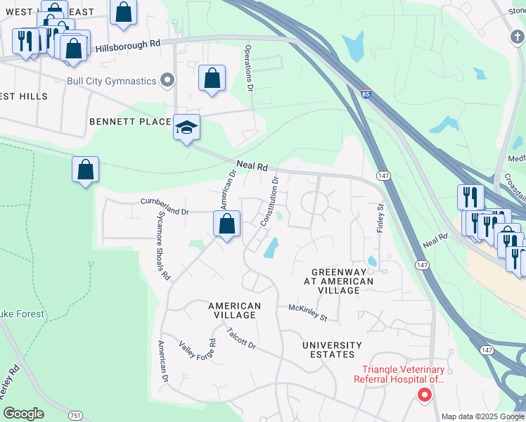 map of restaurants, bars, coffee shops, grocery stores, and more near 5 Bitter Root Drive in Durham