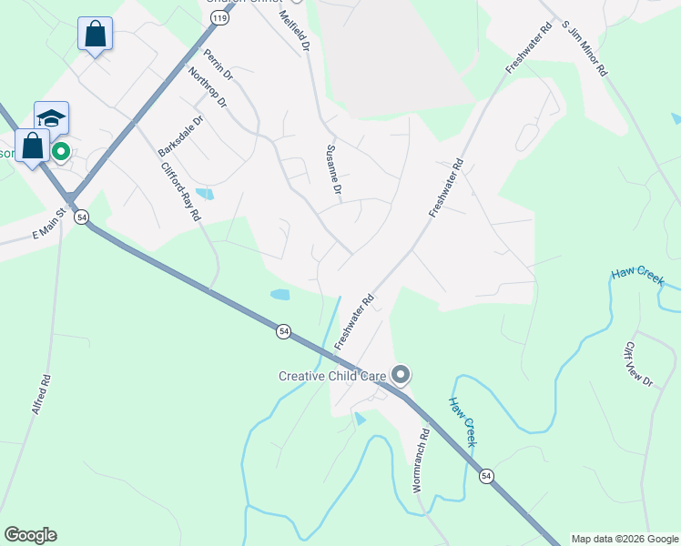 map of restaurants, bars, coffee shops, grocery stores, and more near Northrop Drive in Haw River