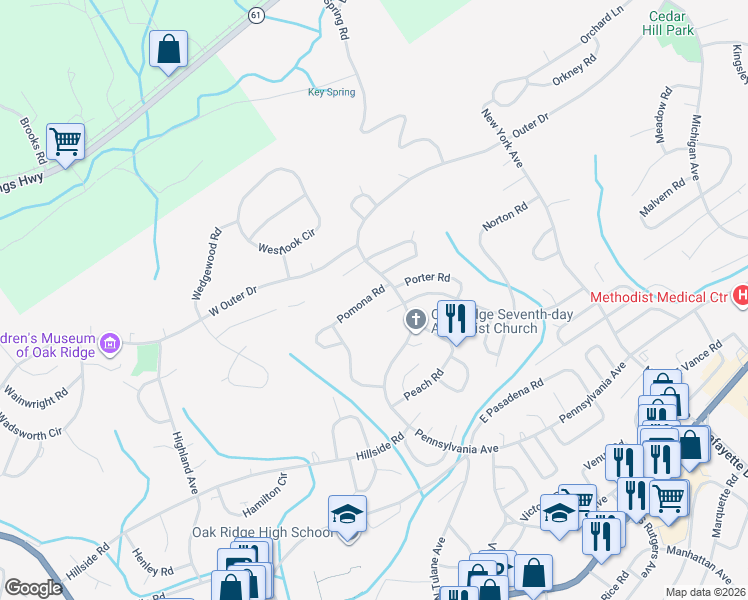 map of restaurants, bars, coffee shops, grocery stores, and more near 104 Pomona Road in Oak Ridge