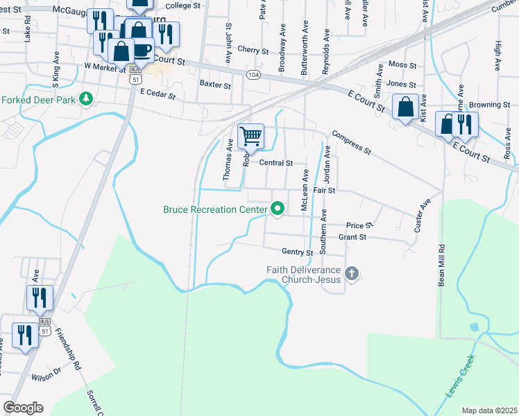 map of restaurants, bars, coffee shops, grocery stores, and more near 532 River Street in Dyersburg