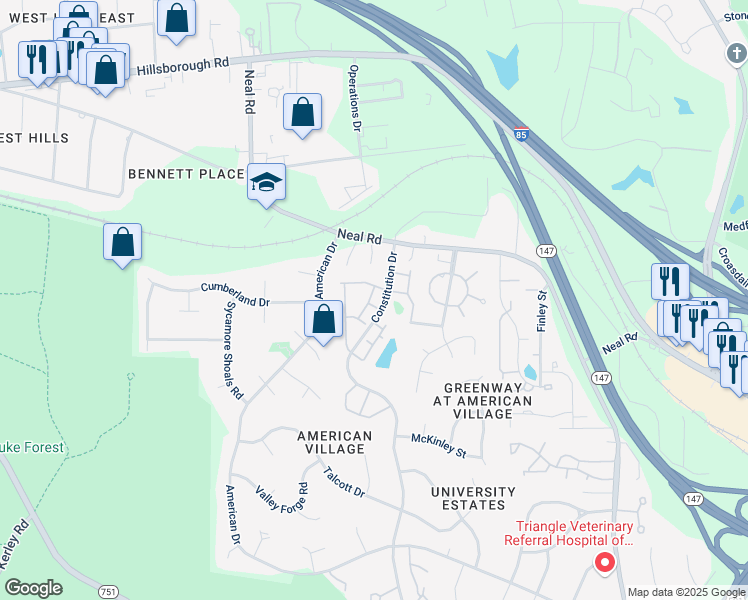 map of restaurants, bars, coffee shops, grocery stores, and more near 3 Bitter Root Drive in Durham