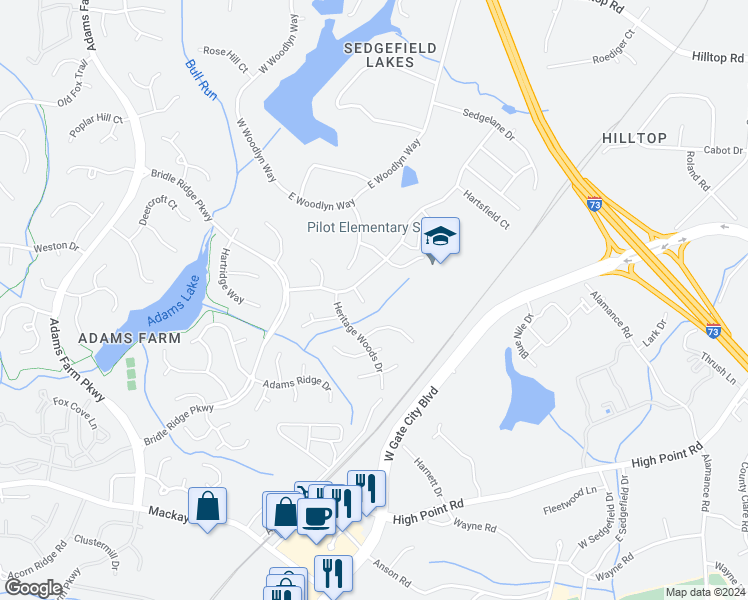 map of restaurants, bars, coffee shops, grocery stores, and more near 7 Swiftcreek Court in Greensboro