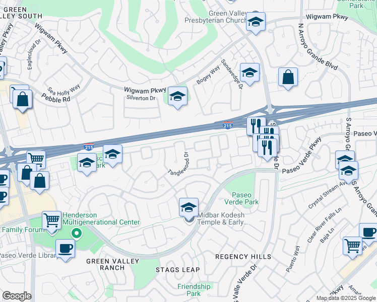 map of restaurants, bars, coffee shops, grocery stores, and more near 61 Tanglewood Drive in Henderson