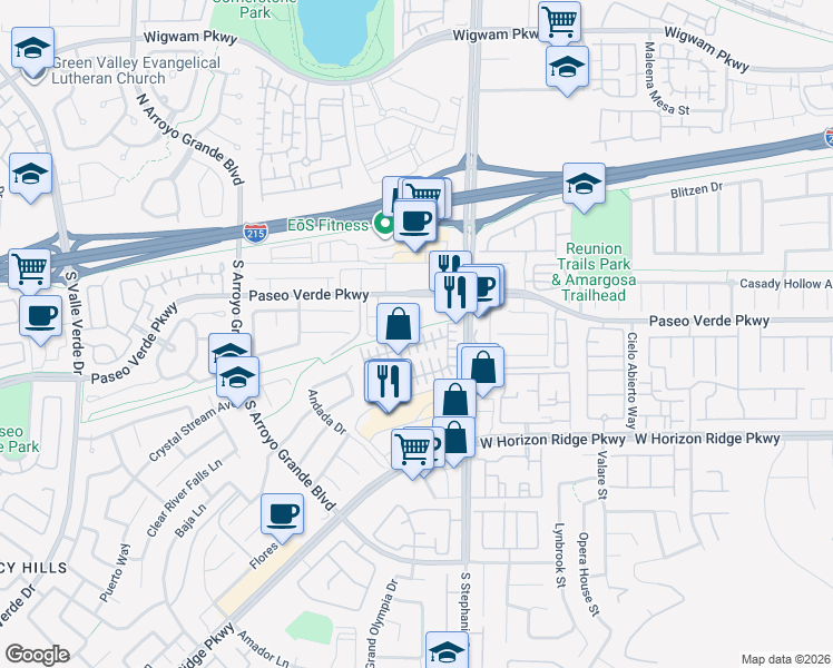 map of restaurants, bars, coffee shops, grocery stores, and more near 1432 Evening Song Avenue in Henderson