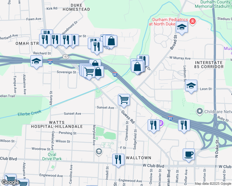 map of restaurants, bars, coffee shops, grocery stores, and more near 1833 Forest Road in Durham