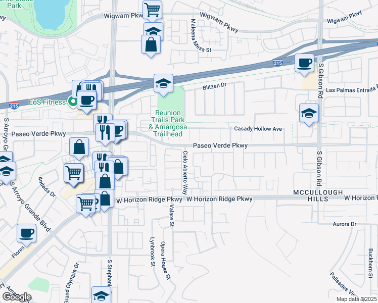map of restaurants, bars, coffee shops, grocery stores, and more near 155 Thunder Plains Way in Henderson