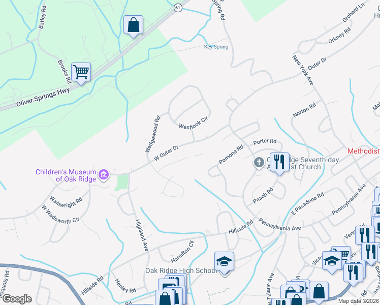 map of restaurants, bars, coffee shops, grocery stores, and more near 323 West Outer Drive in Oak Ridge