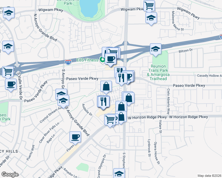 map of restaurants, bars, coffee shops, grocery stores, and more near 1481 Paseo Verde Parkway in Henderson