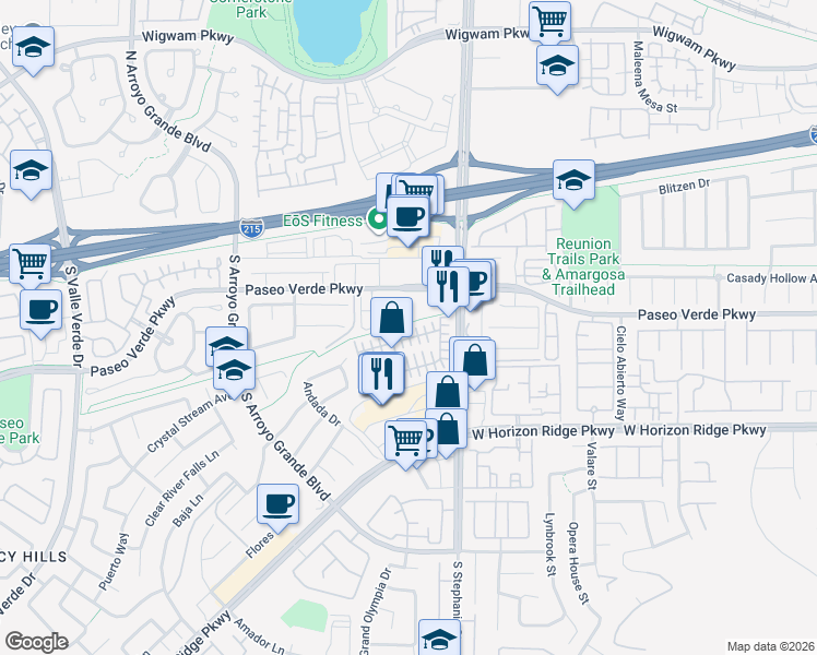 map of restaurants, bars, coffee shops, grocery stores, and more near 1481 Paseo Verde Parkway in Henderson