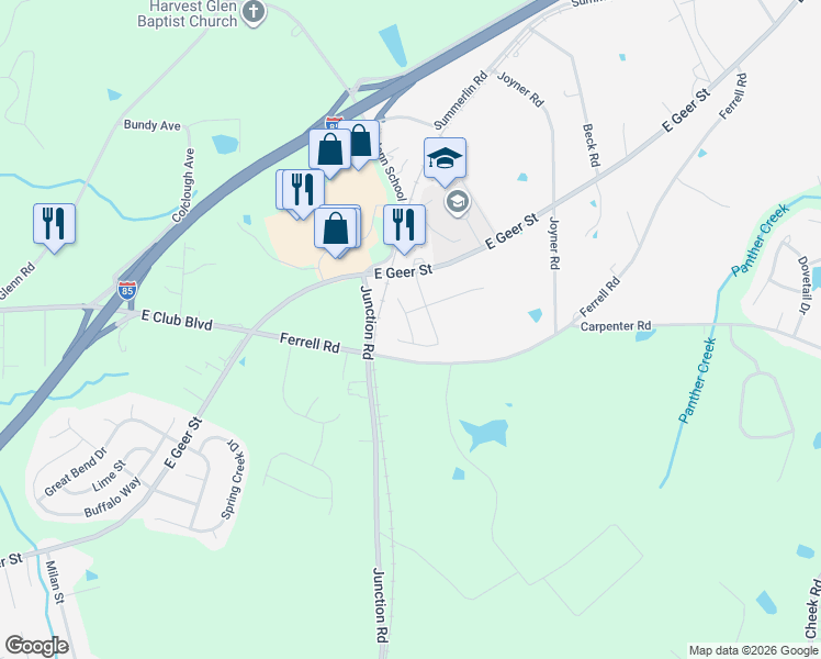 map of restaurants, bars, coffee shops, grocery stores, and more near 1400-1498 Junction Road in Durham