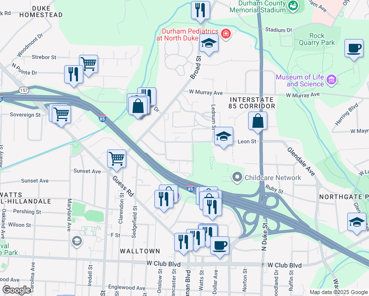 map of restaurants, bars, coffee shops, grocery stores, and more near 1301 Leon Street in Durham