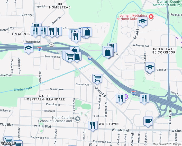 map of restaurants, bars, coffee shops, grocery stores, and more near 1833 Forest Road in Durham