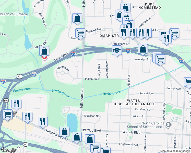map of restaurants, bars, coffee shops, grocery stores, and more near 1702 Chester Street in Durham