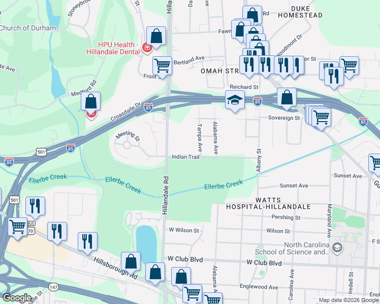 map of restaurants, bars, coffee shops, grocery stores, and more near 1702 Chester Street in Durham