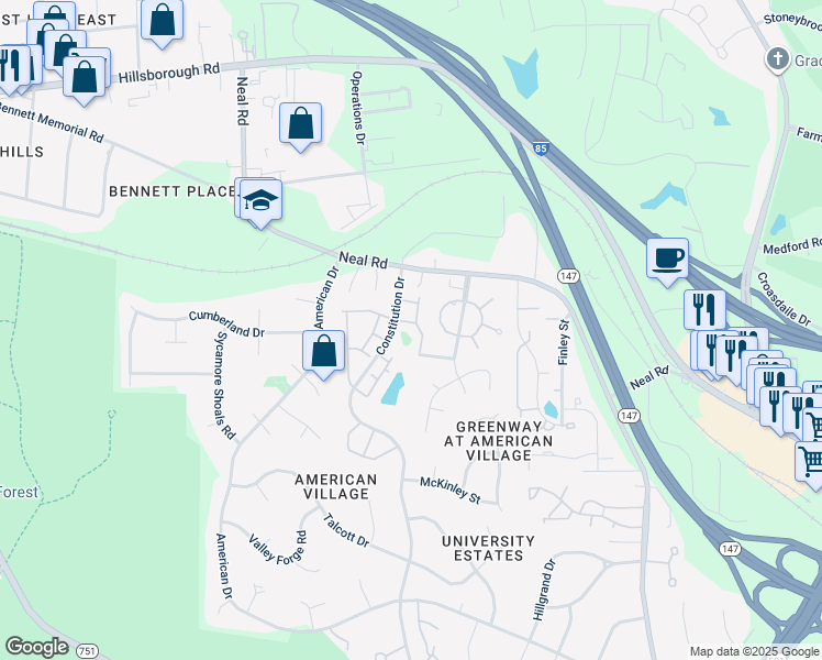 map of restaurants, bars, coffee shops, grocery stores, and more near 11 Sangre De Cristo Drive in Durham
