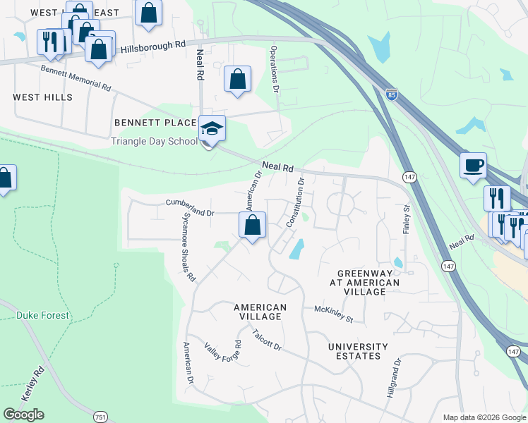 map of restaurants, bars, coffee shops, grocery stores, and more near 217 Mount Evans Drive in Durham