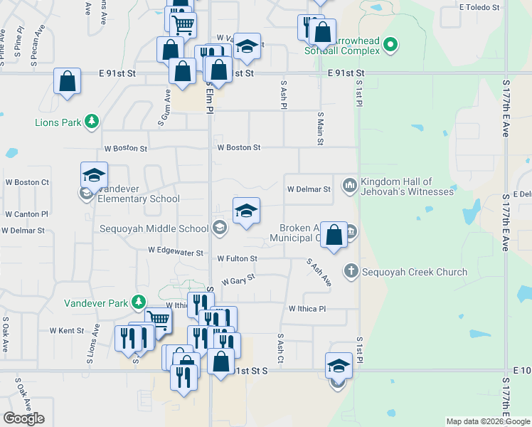 map of restaurants, bars, coffee shops, grocery stores, and more near 2850 South Ash Court in Broken Arrow