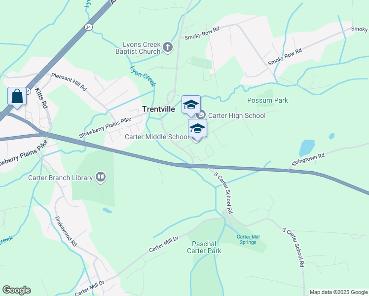 map of restaurants, bars, coffee shops, grocery stores, and more near 9304 College Street in Strawberry Plains