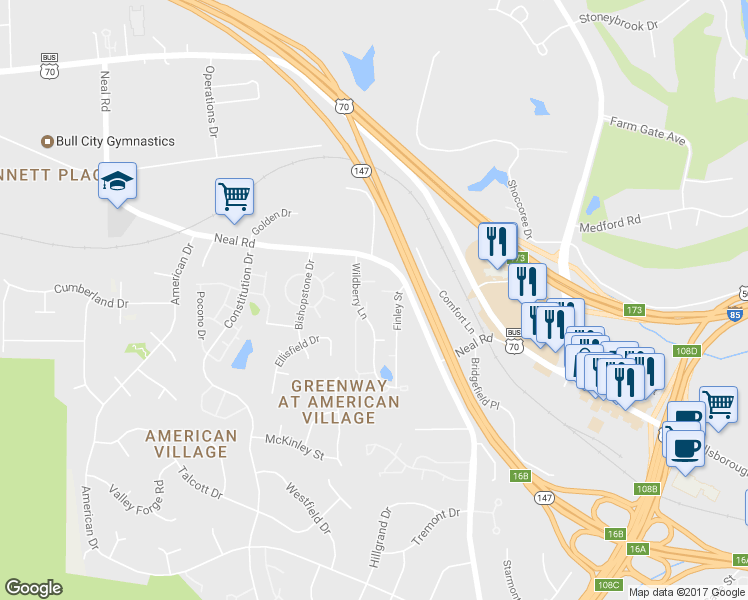 map of restaurants, bars, coffee shops, grocery stores, and more near 3 Quintin Place in Durham