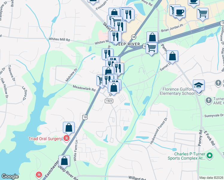 map of restaurants, bars, coffee shops, grocery stores, and more near 3793 Samet Drive in High Point
