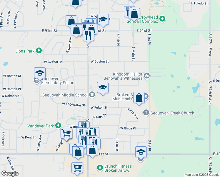 map of restaurants, bars, coffee shops, grocery stores, and more near 2850 South Ash Court in Broken Arrow