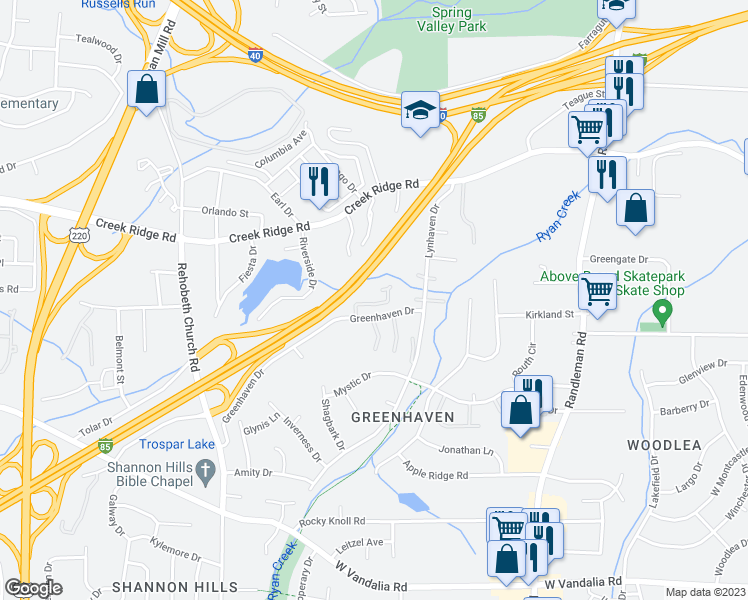 map of restaurants, bars, coffee shops, grocery stores, and more near 800 Greenhaven Drive in Greensboro