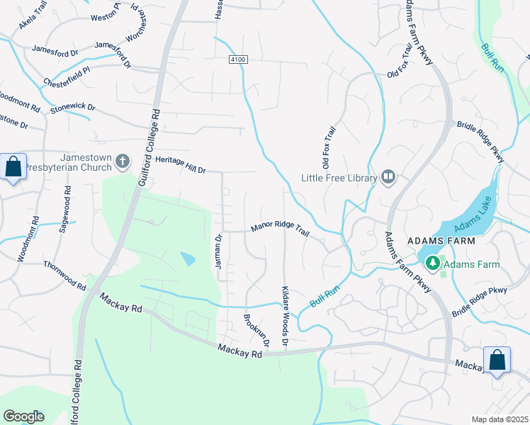 map of restaurants, bars, coffee shops, grocery stores, and more near 2987 Collington Court in Jamestown