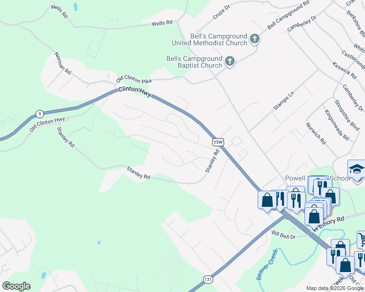 map of restaurants, bars, coffee shops, grocery stores, and more near 7926 Mill Park Lane in Powell
