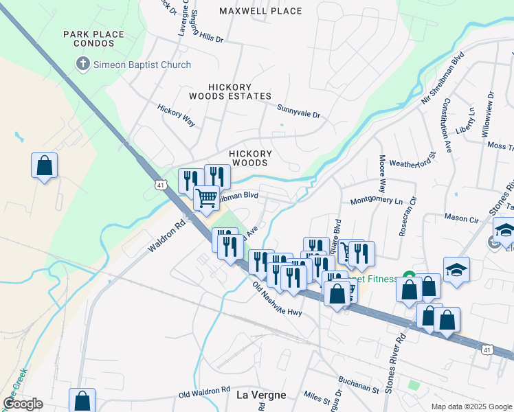 map of restaurants, bars, coffee shops, grocery stores, and more near 4106 Nir Shreibman Boulevard in La Vergne