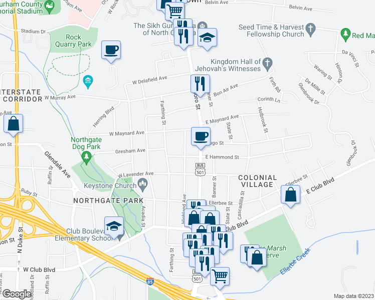 map of restaurants, bars, coffee shops, grocery stores, and more near 2704 Highland Avenue in Durham