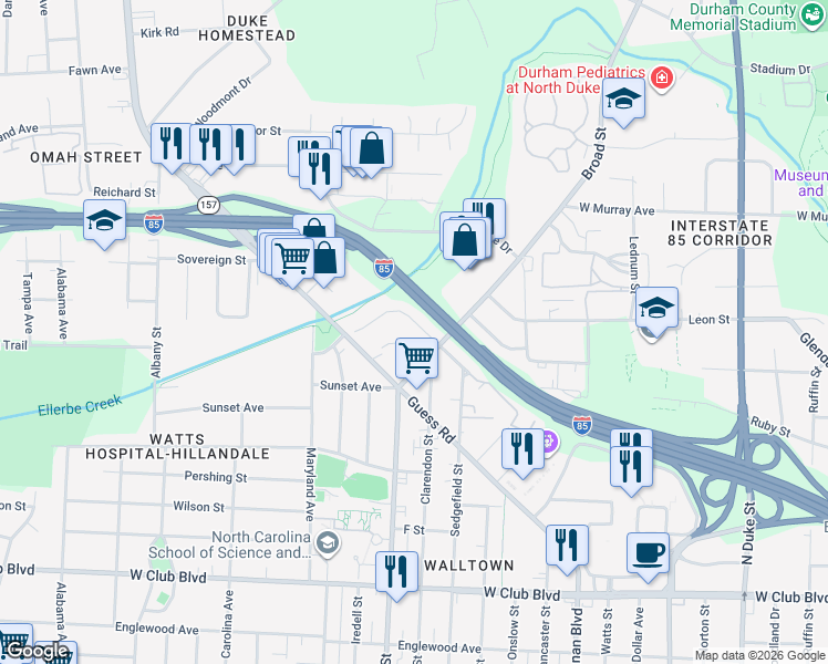 map of restaurants, bars, coffee shops, grocery stores, and more near 1810 Forest Road in Durham