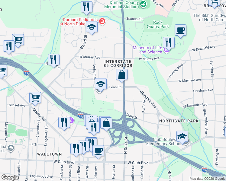 map of restaurants, bars, coffee shops, grocery stores, and more near 911 Leon Street in Durham