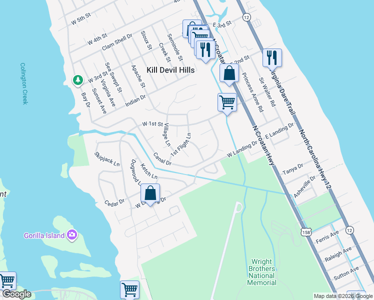 map of restaurants, bars, coffee shops, grocery stores, and more near 502-504 1st Flight Lane in Kill Devil Hills