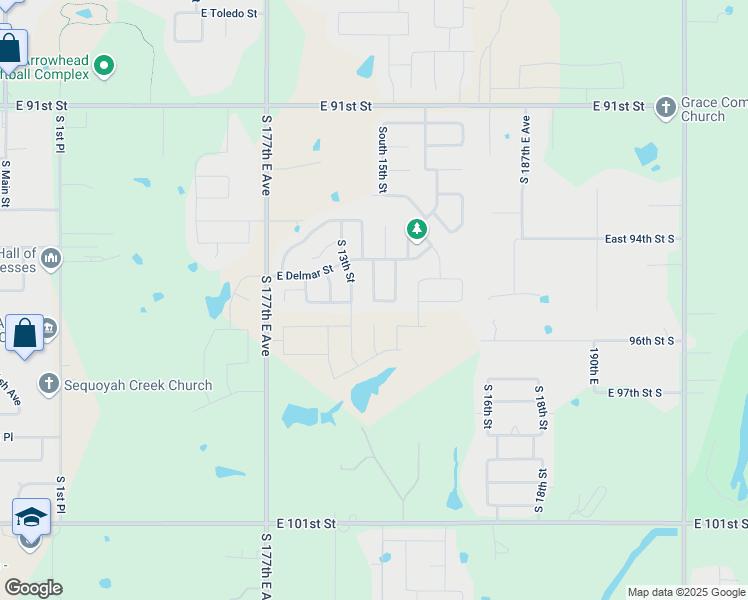 map of restaurants, bars, coffee shops, grocery stores, and more near 1217 East Edgewater Street South in Broken Arrow