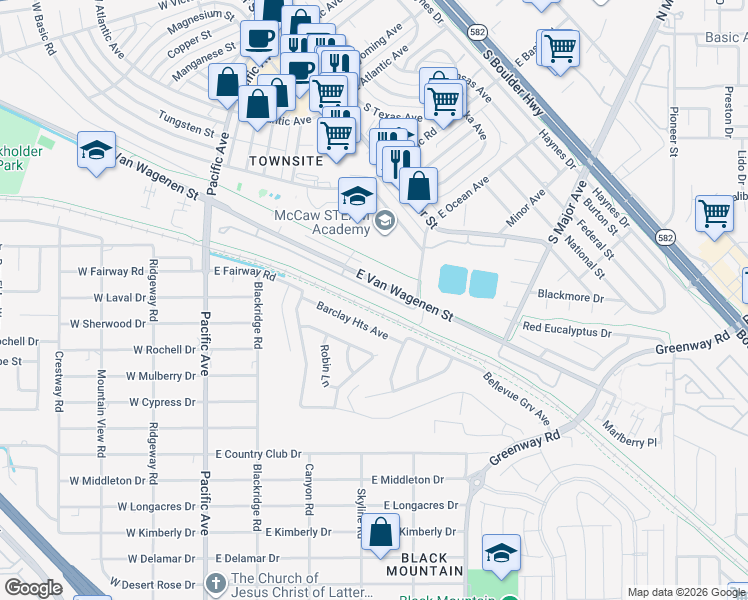 map of restaurants, bars, coffee shops, grocery stores, and more near 332 East Van Wagenen Street in Henderson