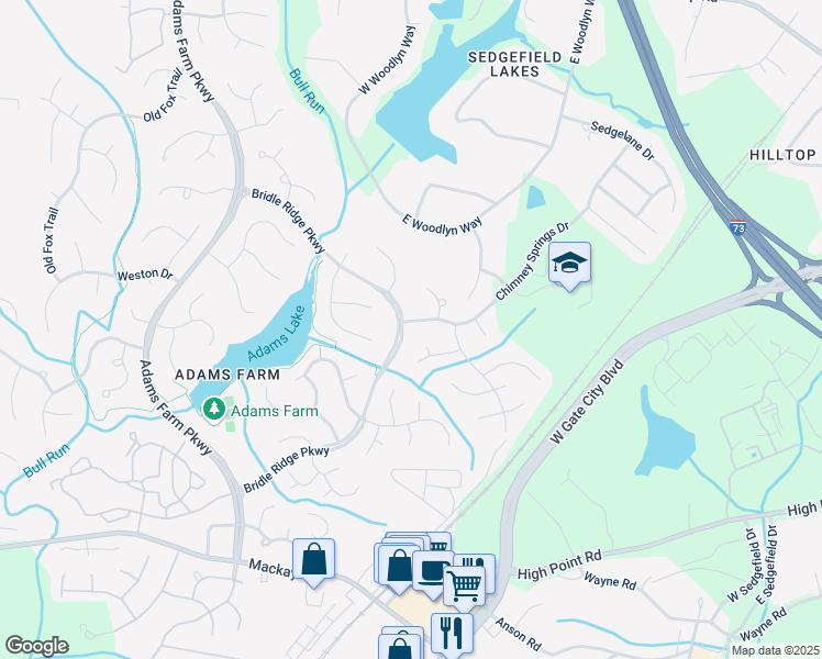 map of restaurants, bars, coffee shops, grocery stores, and more near 4905 Chimney Springs Drive in Greensboro
