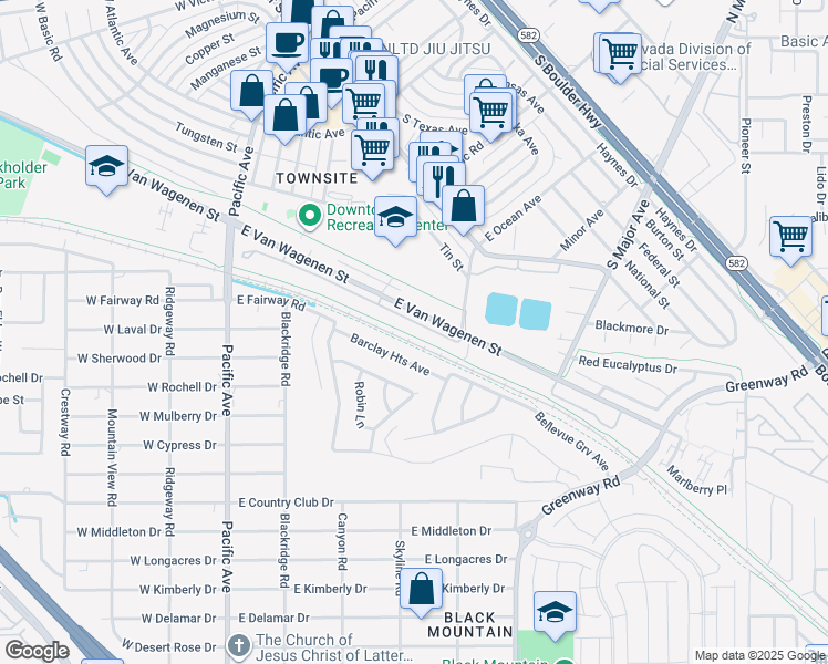map of restaurants, bars, coffee shops, grocery stores, and more near 332 East Van Wagenen Street in Henderson
