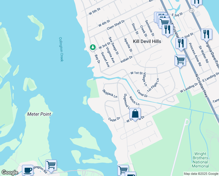 map of restaurants, bars, coffee shops, grocery stores, and more near 700 West 1st Street in Kill Devil Hills