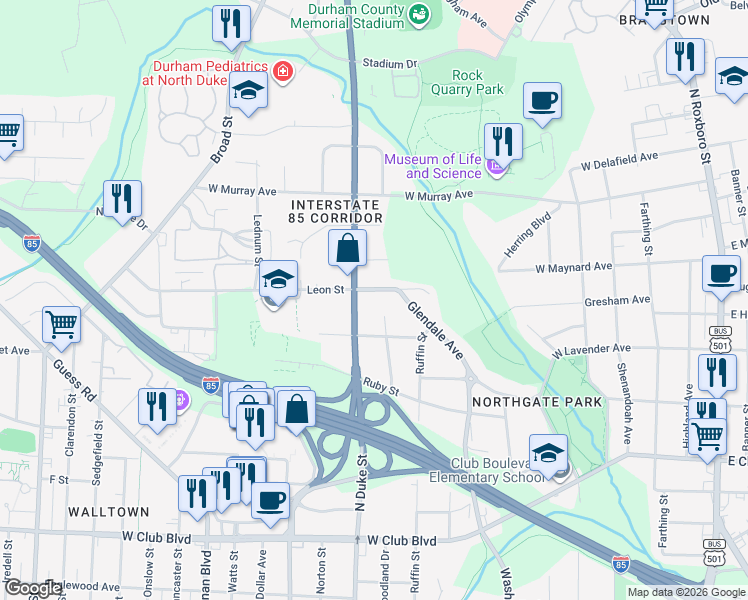 map of restaurants, bars, coffee shops, grocery stores, and more near 803 Leon Street in Durham