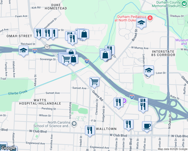 map of restaurants, bars, coffee shops, grocery stores, and more near 1810 Forest Road in Durham