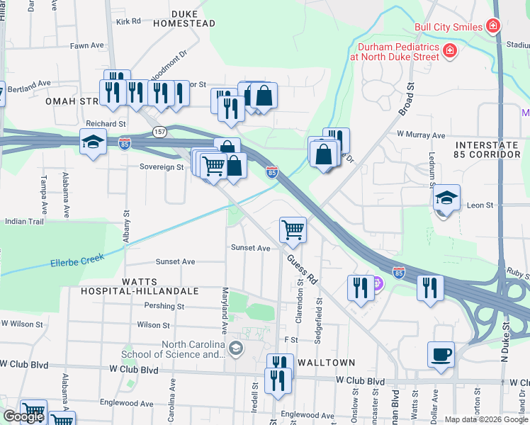 map of restaurants, bars, coffee shops, grocery stores, and more near 1833 Forest Road in Durham
