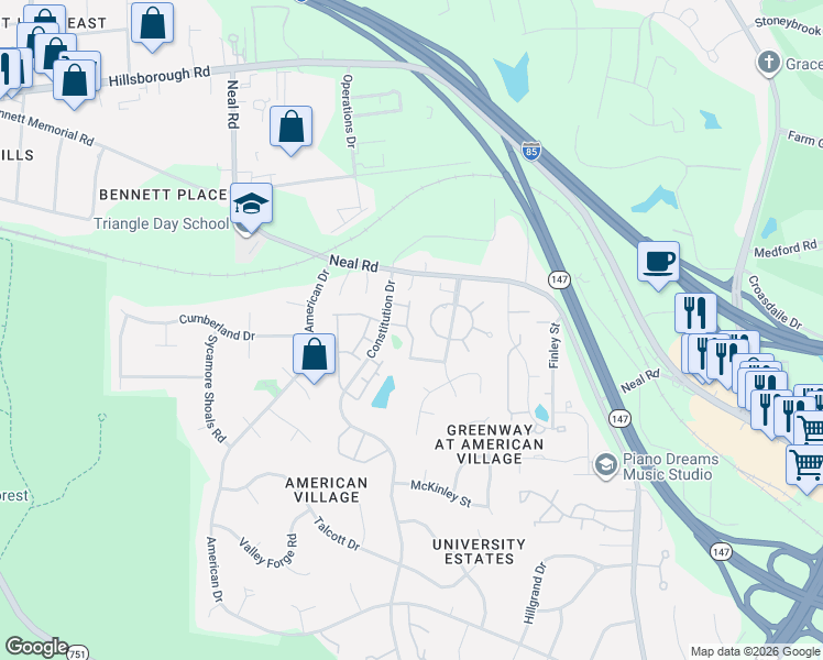 map of restaurants, bars, coffee shops, grocery stores, and more near 600 Remington Circle in Durham