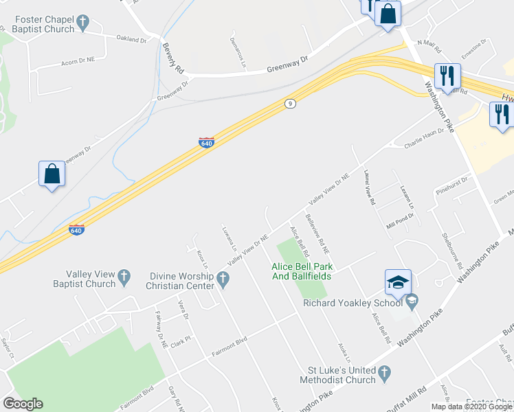 map of restaurants, bars, coffee shops, grocery stores, and more near 2911 La Villas Drive in Knoxville