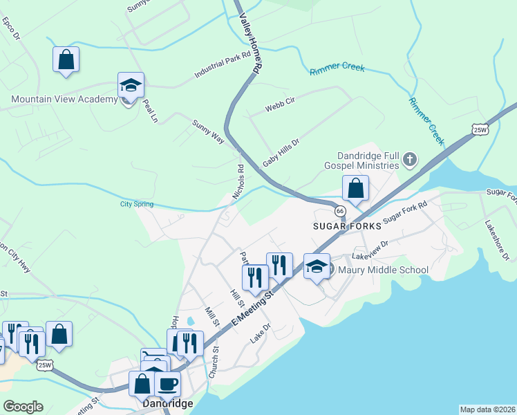 map of restaurants, bars, coffee shops, grocery stores, and more near 1128 McSpadden Road in Dandridge