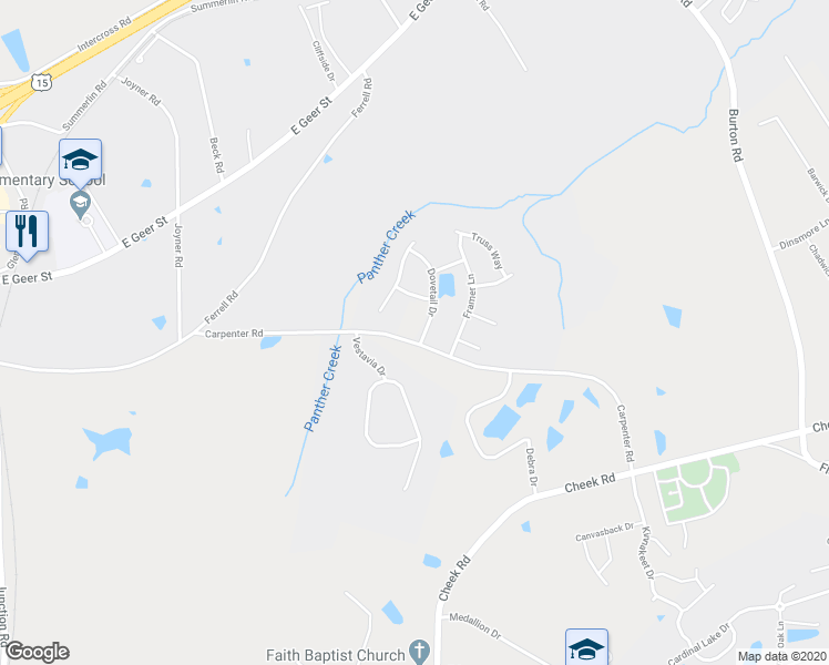 map of restaurants, bars, coffee shops, grocery stores, and more near 2501 Dovetail Drive in Durham