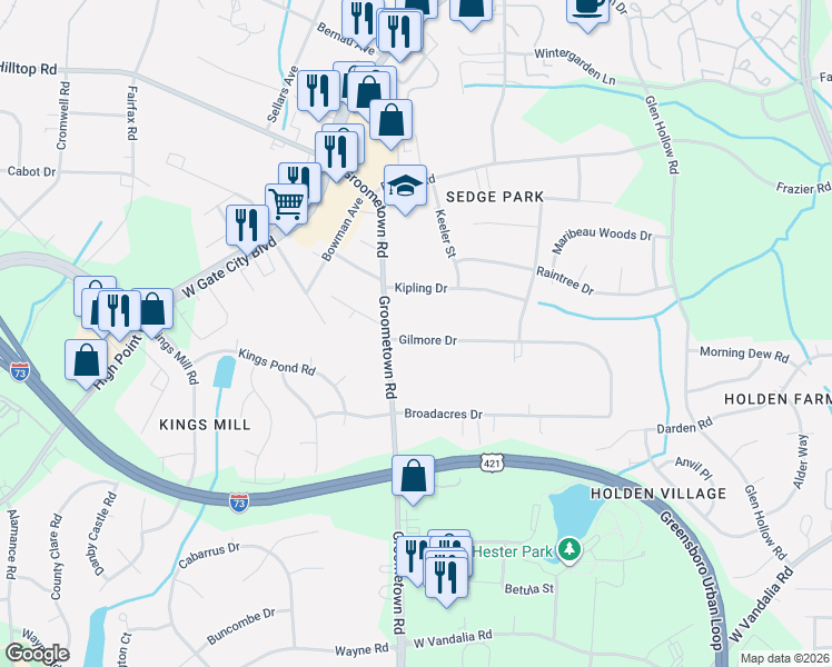 map of restaurants, bars, coffee shops, grocery stores, and more near 4014 Gilmore Drive in Greensboro