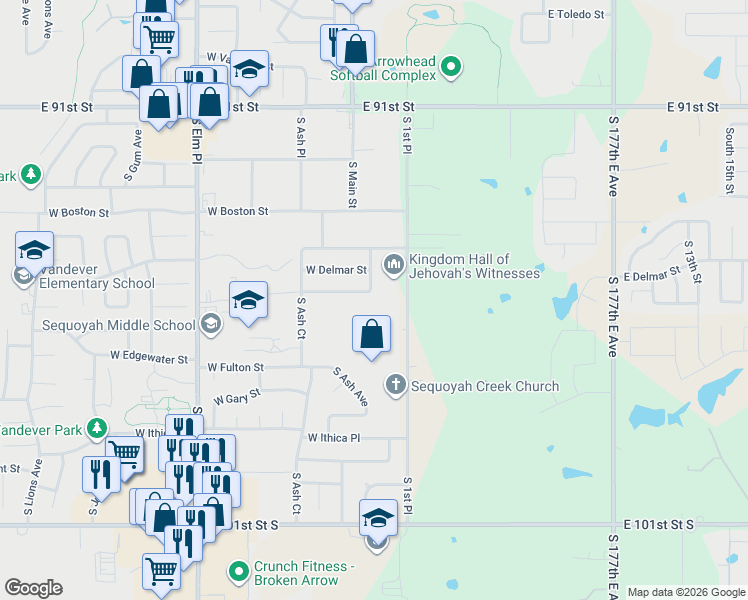 map of restaurants, bars, coffee shops, grocery stores, and more near 2317 South 1st Street in Broken Arrow