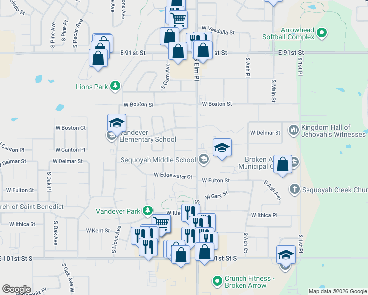 map of restaurants, bars, coffee shops, grocery stores, and more near 717 West Vandever Court in Broken Arrow