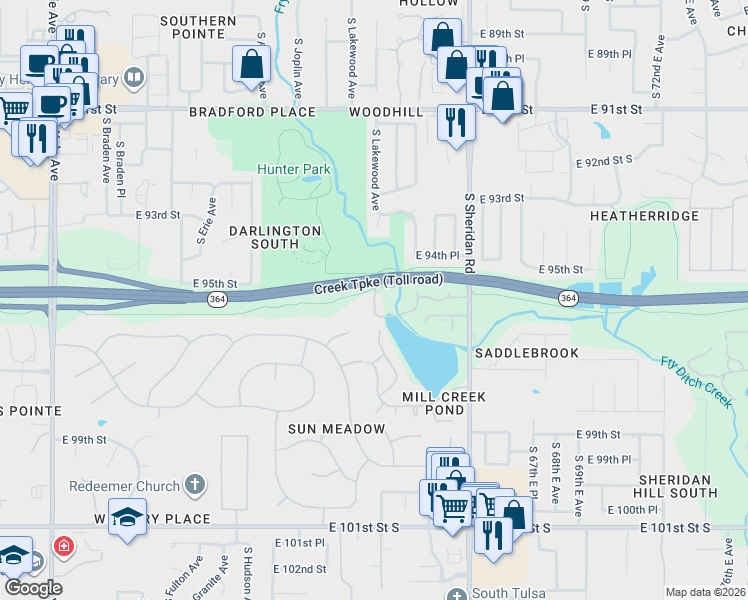 map of restaurants, bars, coffee shops, grocery stores, and more near 9512 South Lakewood Avenue in Tulsa
